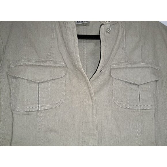Chico's Utility Olive Green Beaded Cuff Jacket Women's Cotton Blend Open Front L - Picture 8 of 10